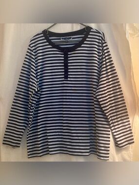 Karen Scott Striped Long-Sleeve Henley Top Navy & White Size 4X